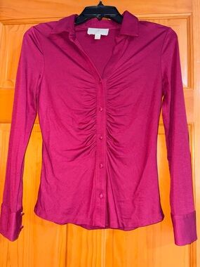 Flora Bea NYC Long-Sleeve Ruched Button-Front Top in Berry